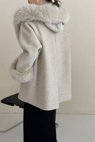 Luxury Belted Wool Coat with Faux Fur-Trimmed Hood and Cuffs