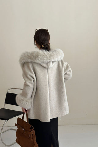 Luxury Belted Wool Coat with Faux Fur-Trimmed Hood and Cuffs