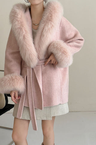 Luxury Belted Wool Coat with Faux Fur-Trimmed Hood and Cuffs