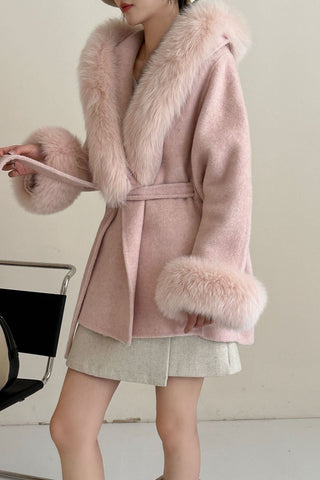 Luxury Belted Wool Coat with Faux Fur-Trimmed Hood and Cuffs