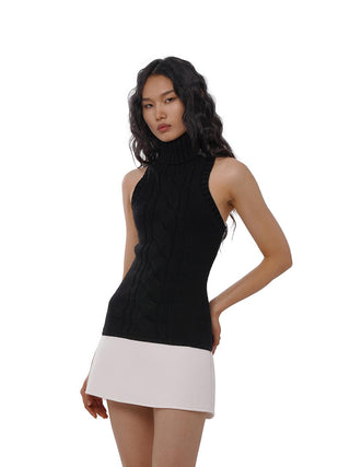 Knit Sleeveless Turtleneck Mini Dress with Contrast Hem