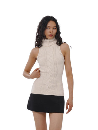 Knit Sleeveless Turtleneck Mini Dress with Contrast Hem