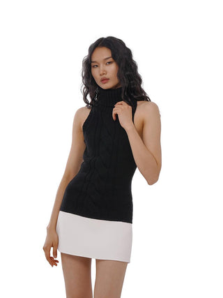 Knit Sleeveless Turtleneck Mini Dress with Contrast Hem