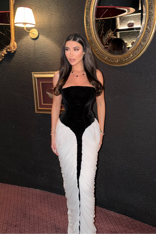 Premium Velvet Corset Strapless Long Dress with Sculpted Bodice and Pleated Draped Skirt