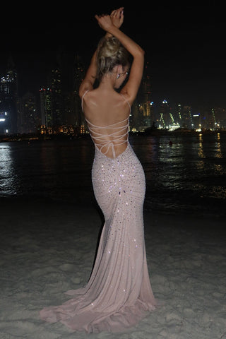 Crystal Embellished Backless Evening Mesh Long Dress