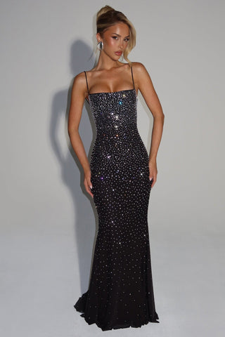 Crystal Embellished Backless Evening Mesh Long Dress