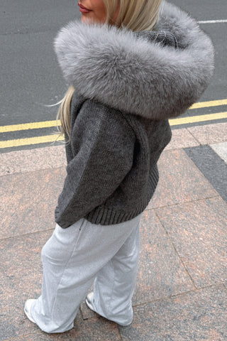 Faux Fur Trimmed Knitted Hooded Cardigan