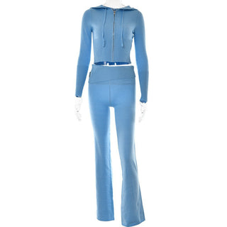 Ribbed Knit Two-Piece Set with Cropped Zip Hoodie & Flared Pants
