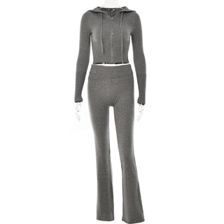Ribbed Knit Two-Piece Set with Cropped Zip Hoodie & Flared Pants
