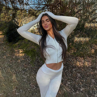 Ribbed Knit Two-Piece Set with Cropped Zip Hoodie & Flared Pants