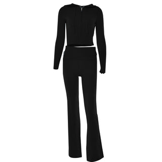 Ribbed Knit Two-Piece Set with Cropped Zip Hoodie & Flared Pants