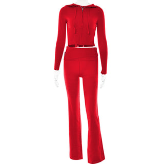 Ribbed Knit Two-Piece Set with Cropped Zip Hoodie & Flared Pants