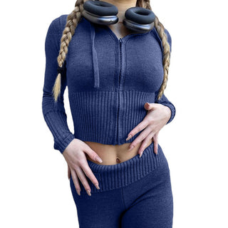 Ribbed Knit Two-Piece Set with Cropped Zip Hoodie & Flared Pants