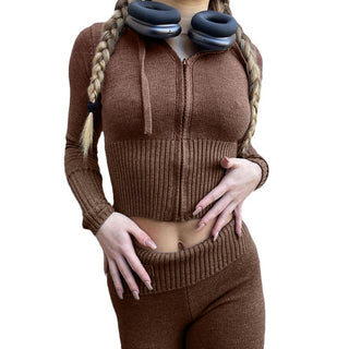 Ribbed Knit Two-Piece Set with Cropped Zip Hoodie & Flared Pants