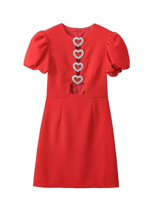 Bandage Mini Dress – Short Puff Sleeves with Crystal Heart Embellishment