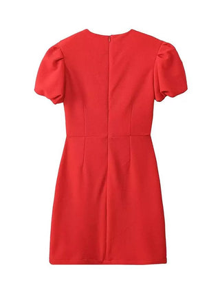 Bandage Mini Dress – Short Puff Sleeves with Crystal Heart Embellishment