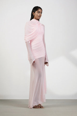 Draped One-Shoulder Mesh Long Gown
