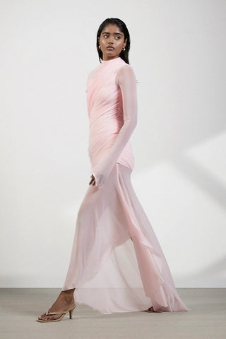 Draped One-Shoulder Mesh Long Gown