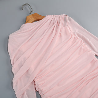 Draped One-Shoulder Mesh Long Gown