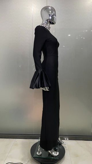 Sculpted High-Neck Bandage Evening Long Dress with Dramatic Satin Sleeves