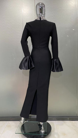 Sculpted High-Neck Bandage Evening Long Dress with Dramatic Satin Sleeves