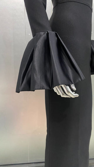 Sculpted High-Neck Bandage Evening Long Dress with Dramatic Satin Sleeves