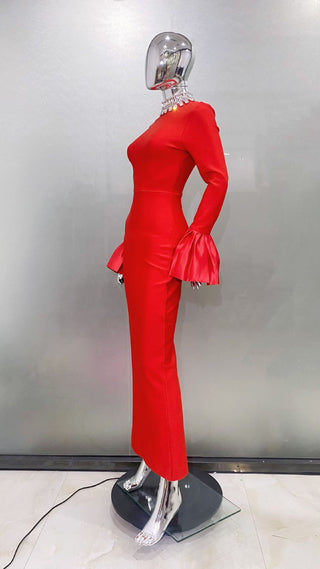 Sculpted High-Neck Bandage Evening Long Dress with Dramatic Satin Sleeves