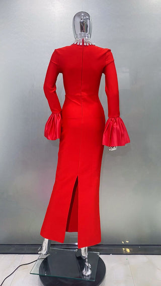 Sculpted High-Neck Bandage Evening Long Dress with Dramatic Satin Sleeves