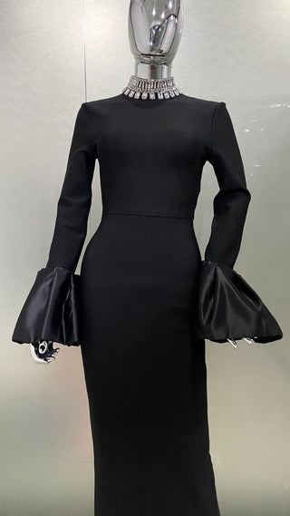 Sculpted High-Neck Bandage Evening Long Dress with Dramatic Satin Sleeves