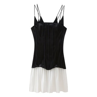 Black and White Contrast Pleated Hem Dress