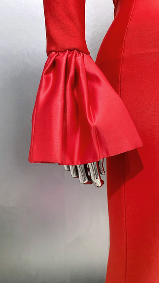 Sculpted High-Neck Bandage Evening Long Dress with Dramatic Satin Sleeves