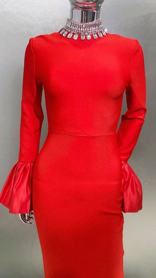 Sculpted High-Neck Bandage Evening Long Dress with Dramatic Satin Sleeves