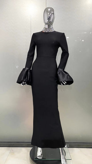 Sculpted High-Neck Bandage Evening Long Dress with Dramatic Satin Sleeves