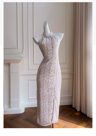 Embellished Lace Halter Midi Dress