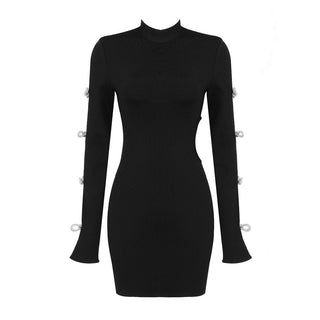 Ribbed Knit Cut-Out Mini Dress with Long Split Sleeves and Crystal Bow Detailing