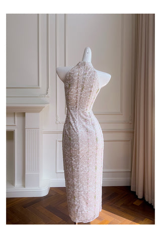 Embellished Lace Halter Midi Dress
