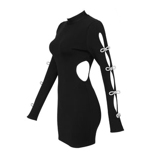Ribbed Knit Cut-Out Mini Dress with Long Split Sleeves and Crystal Bow Detailing