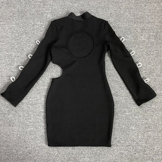 Ribbed Knit Cut-Out Mini Dress with Long Split Sleeves and Crystal Bow Detailing