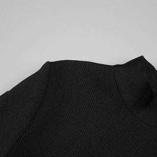 Ribbed Knit Cut-Out Mini Dress with Long Split Sleeves and Crystal Bow Detailing
