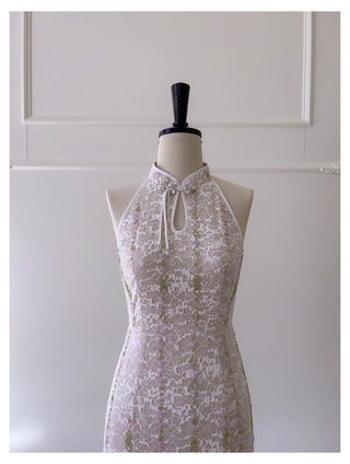Embellished Lace Halter Midi Dress