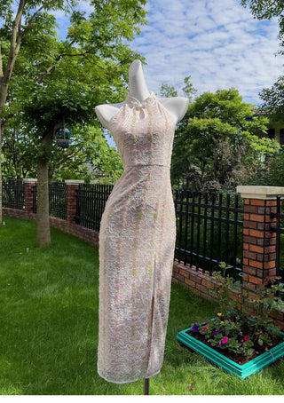 Embellished Lace Halter Midi Dress
