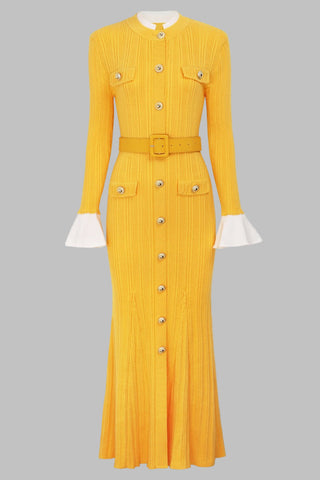 Long Sleeve Ribbed Knit Button-Down Midi Dress with Belt and Contrast Cuffs