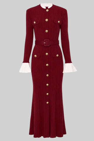 Long Sleeve Ribbed Knit Button-Down Midi Dress with Belt and Contrast Cuffs
