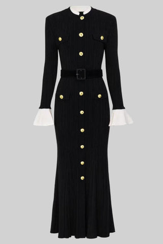 Long Sleeve Ribbed Knit Button-Down Midi Dress with Belt and Contrast Cuffs