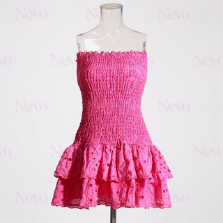 Daisy Embroidered Strapless Ruffles Mini Dress