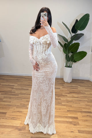Off-Shoulder Long Sleeve Lace Mermaid Bridal Dress with 3D Floral Appliqué