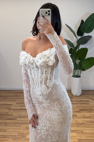 Off-Shoulder Long Sleeve Lace Mermaid Bridal Dress with 3D Floral Appliqué