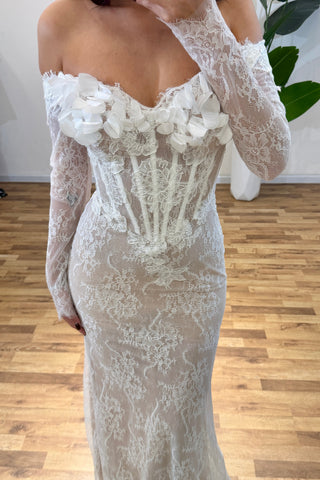 Off-Shoulder Long Sleeve Lace Mermaid Bridal Dress with 3D Floral Appliqué