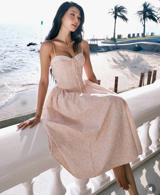 Floral Lace-Up Corset Midi Dress