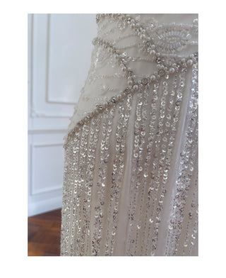 Sequin Fringe Halter Maxi Dress – V-Neck Embellished Satin with Long Beaded Fringe